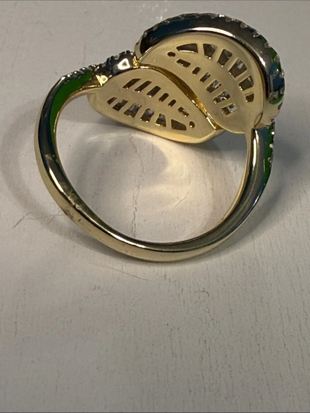 Stamped .925 Sterling Silver with Gold Vermeil Leaf Ring with Baguettes CZ